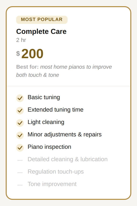 piano_pricing_table COMPLETE CARE Complete Care rate, description and information
