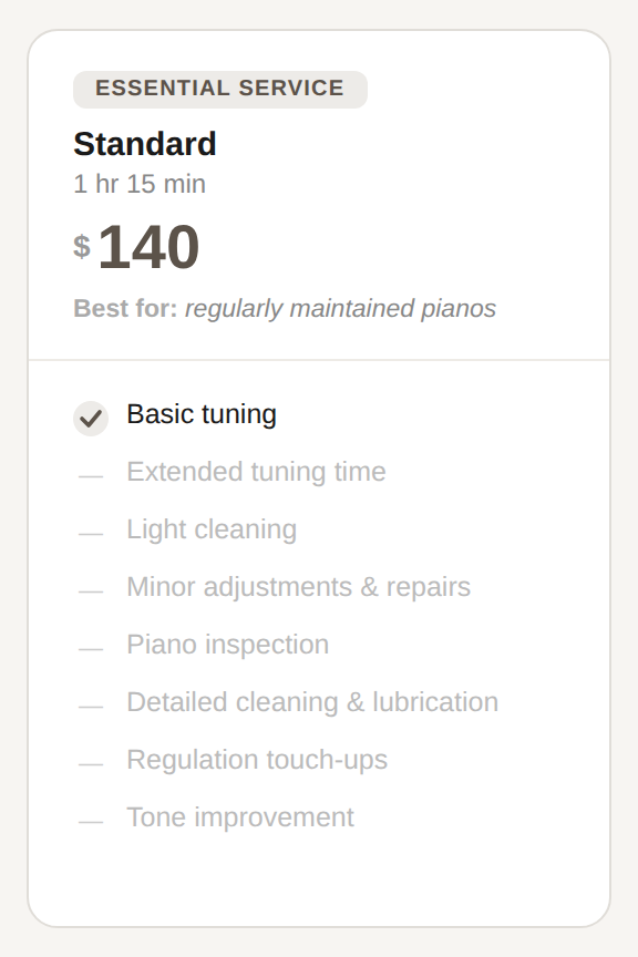 piano_pricing_table STANDARD Standard Tuning rate, description and information